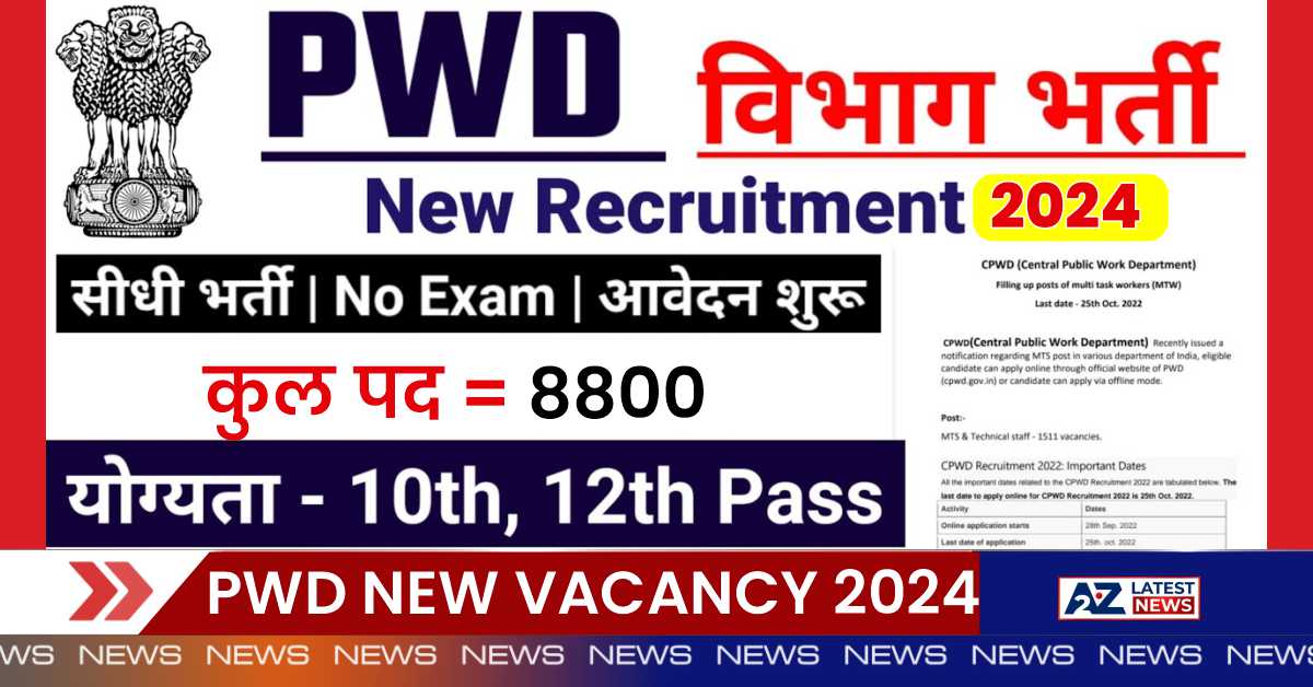PWD New Vacancy 2024: लोक निर्माण विभाग ने घोषित की है कि 8,800 क्लर्क और अन्य पदों के लिए एक बड़ी भर्ती।
